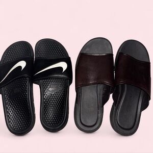 Nike Black Slides with White Swoosh and Dark Brown Leather Slides